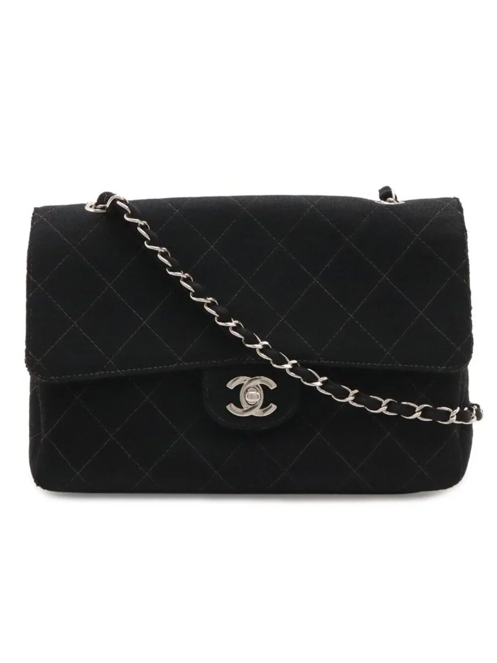 Chanel Quilted CC Logo Chain Shoulder Bag Cotton Jersey Leather Black Silver